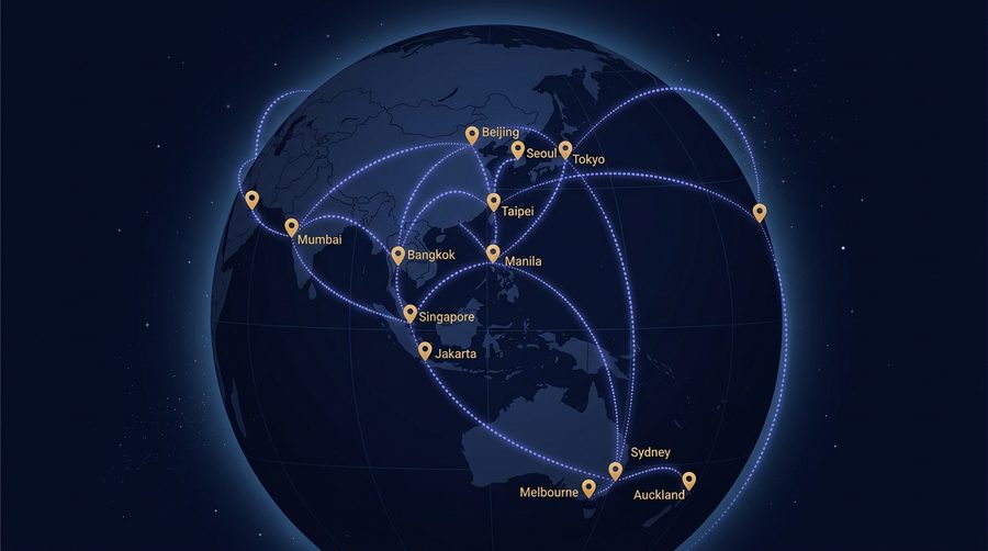 Globe gelap dengan busur koneksi titik-titik bercahaya melintasi kawasan Asia Pasifik dan pin emas di permukaannya